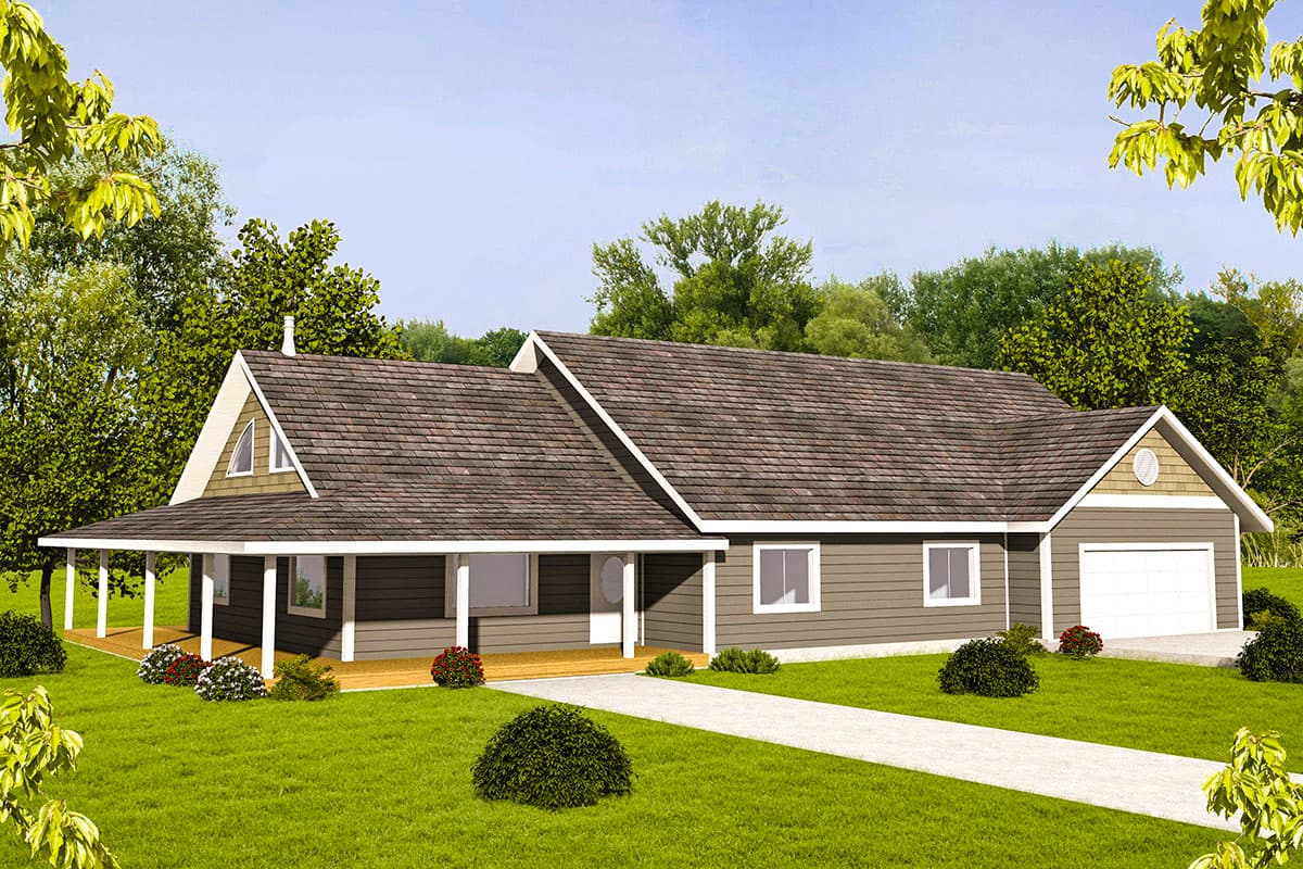 House plan exterior featuring a one-story, Ranch-style home with a front porch, gables, and an attached garage. The roof has multiple gables.
