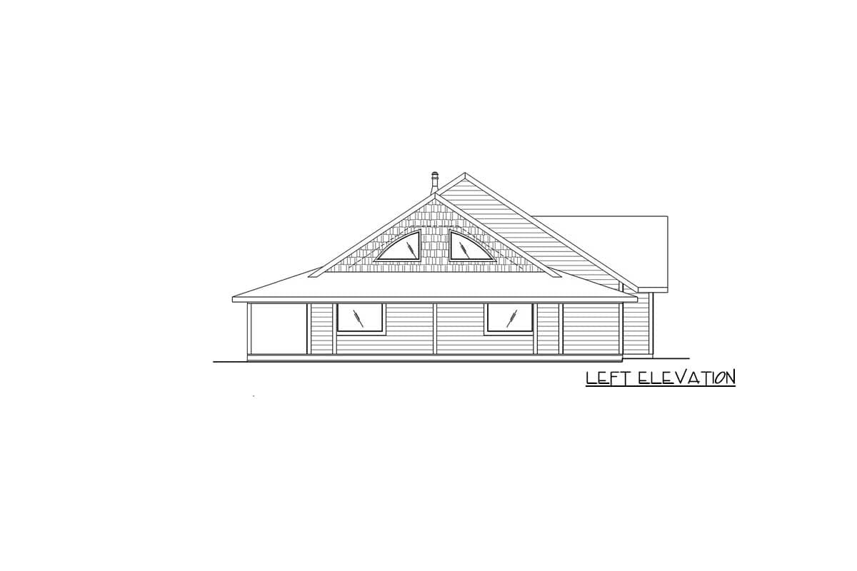 Left elevation drawing of a house plan with a full-width porch and gabled dormers.