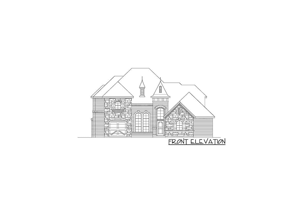 Front elevation drawing of a house plan with stone accents, a turret, and a two-car garage.