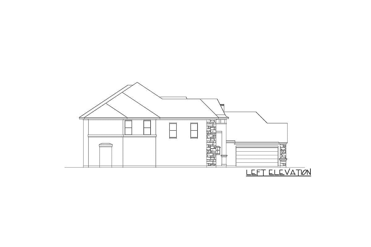 Left elevation house plan showing a two-story section with gables, dormers, and a side-entry garage with stone accents.