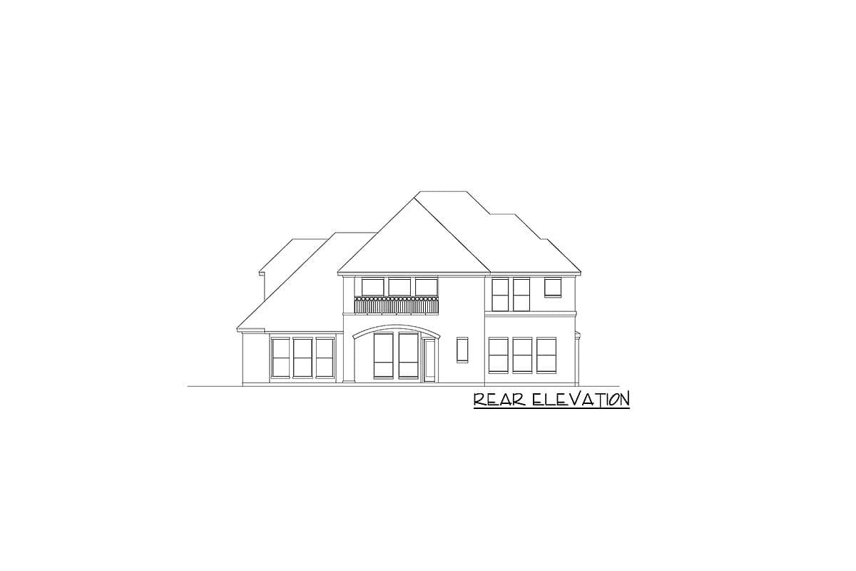 Rear elevation house plan with a two-story main structure, second-floor balcony, and multiple window arrangements.