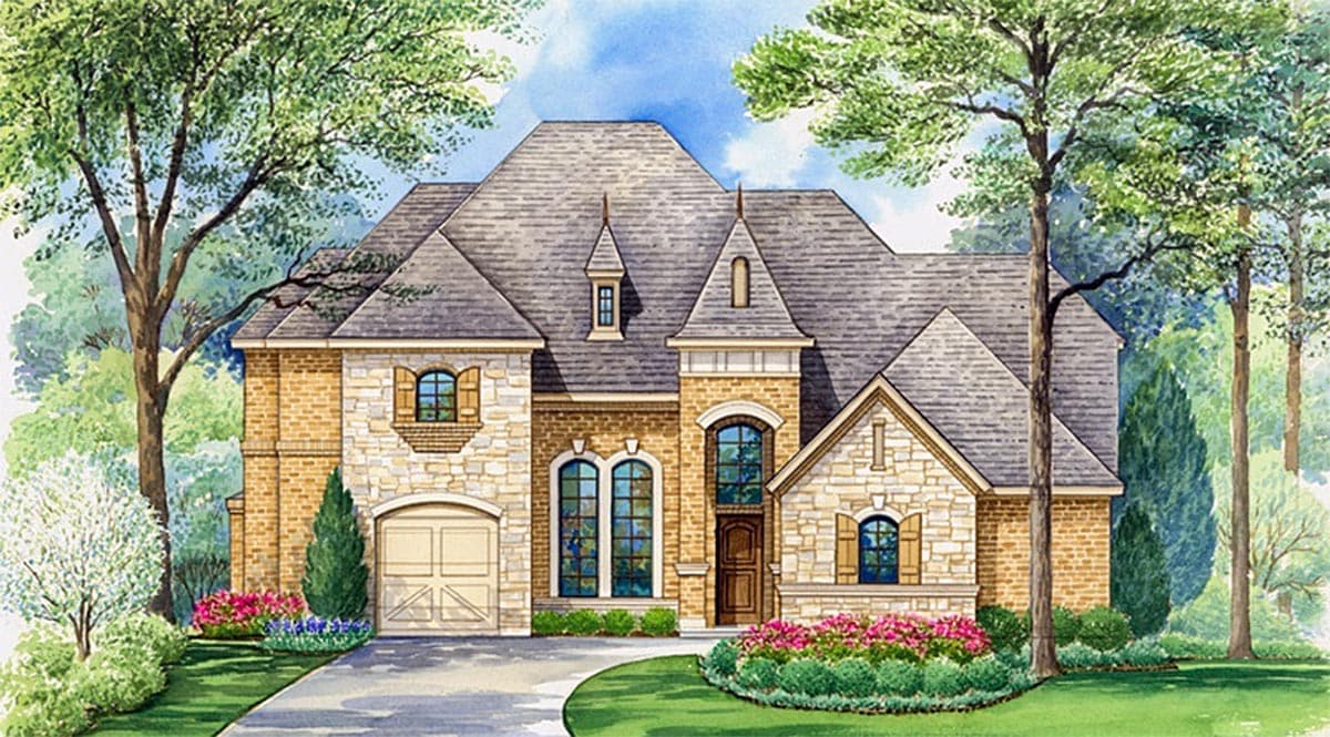 House plan exterior with stone and brick facade, two stories, arched entry, dormers, and gabled roof.