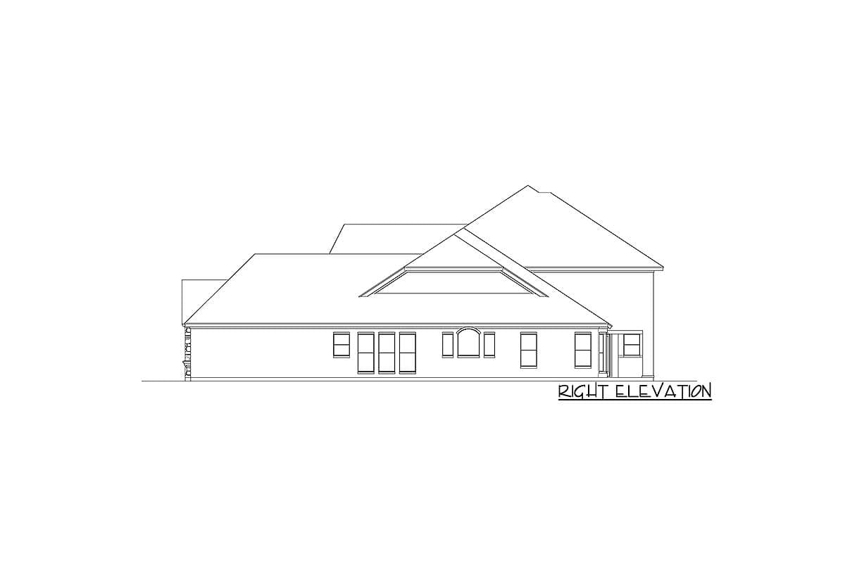 Right elevation drawing of a house plan showing multiple rooflines and windows.