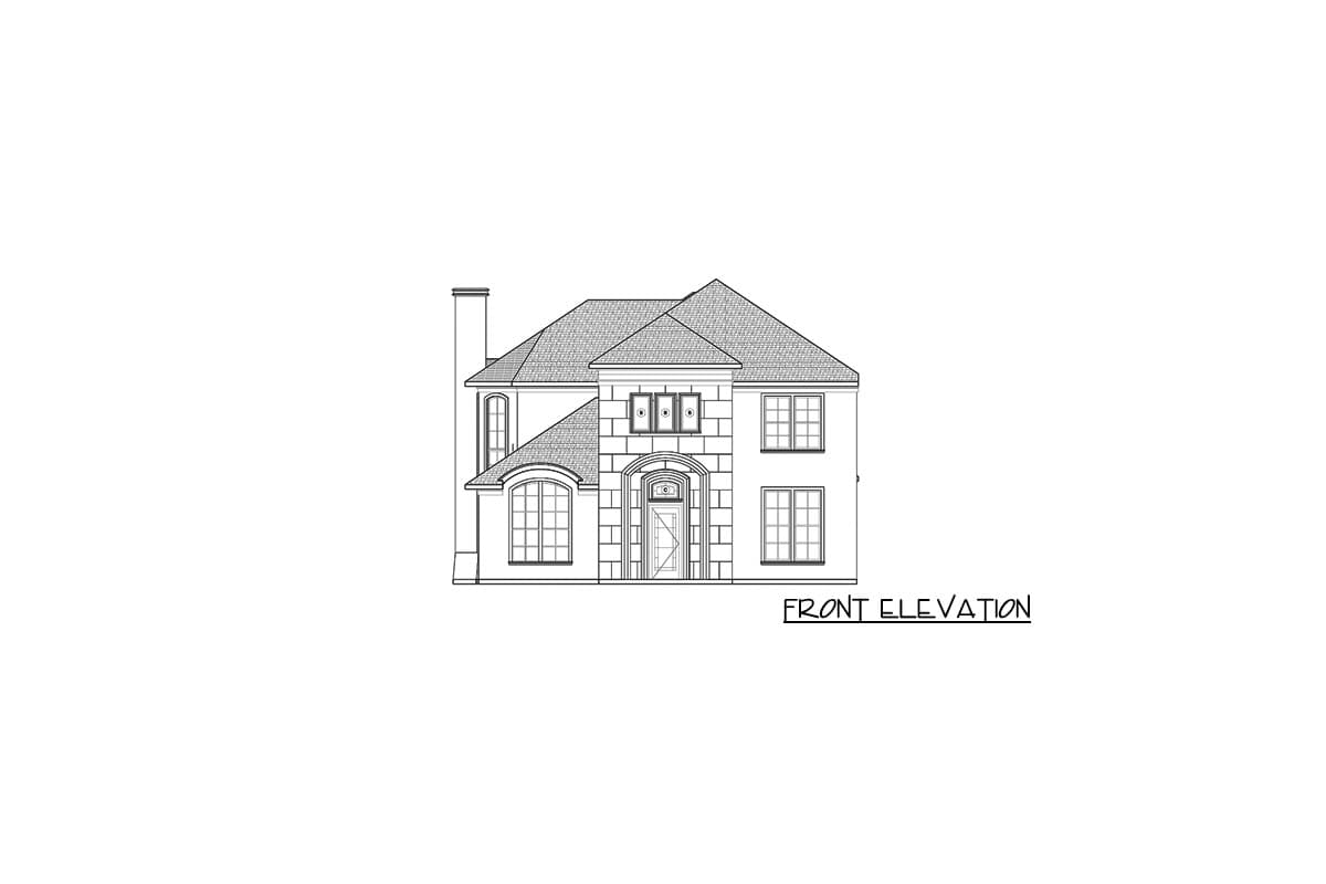 Front elevation drawing of a two-story house with a prominent arched entryway, multiple gables, and a prominent chimney.