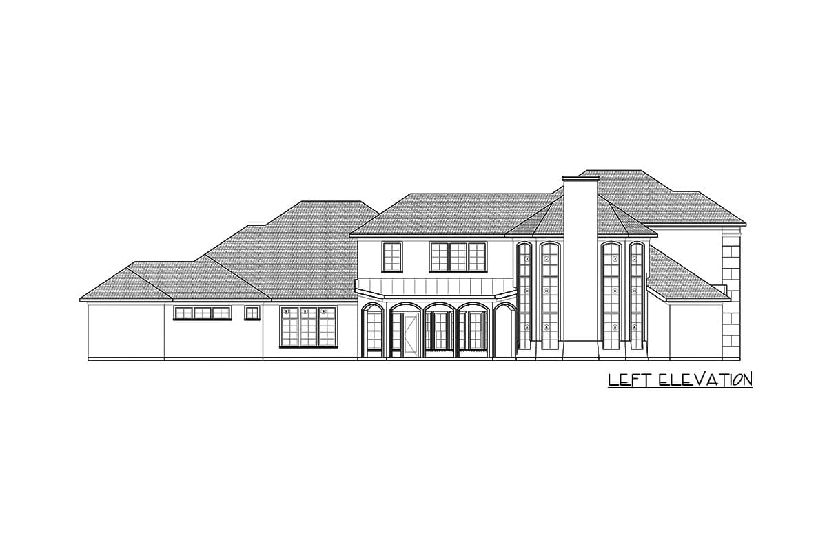 Left elevation of a two-story house plan featuring a prominent chimney, arched windows, and a sunroom.