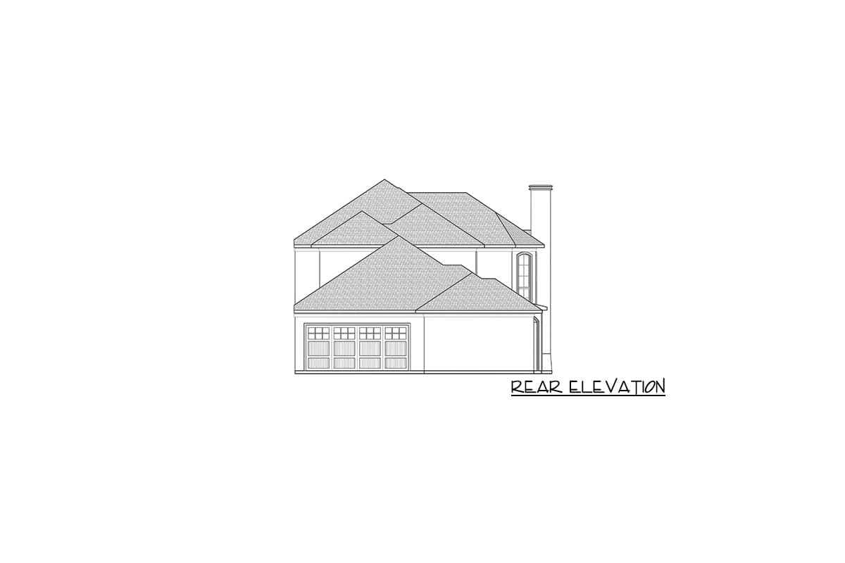 Rear elevation drawing of a two-story house with a multi-gabled roof, chimney, and attached garage.