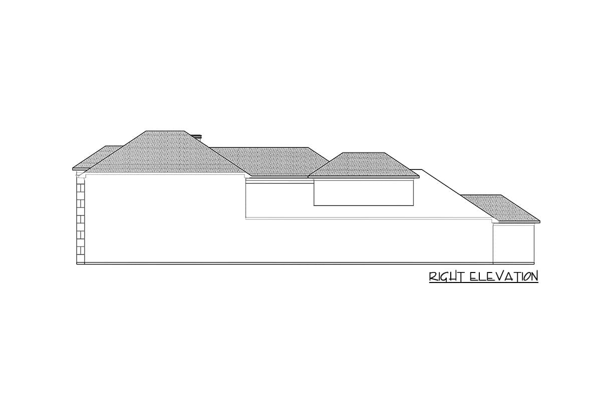 Right elevation drawing of a house plan showing multiple rooflines and a single-story section.
