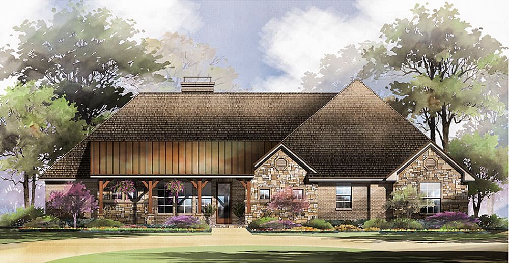 House plan exterior featuring a stone and brick facade, a covered porch with timber supports, and a gabled roof with dormers.