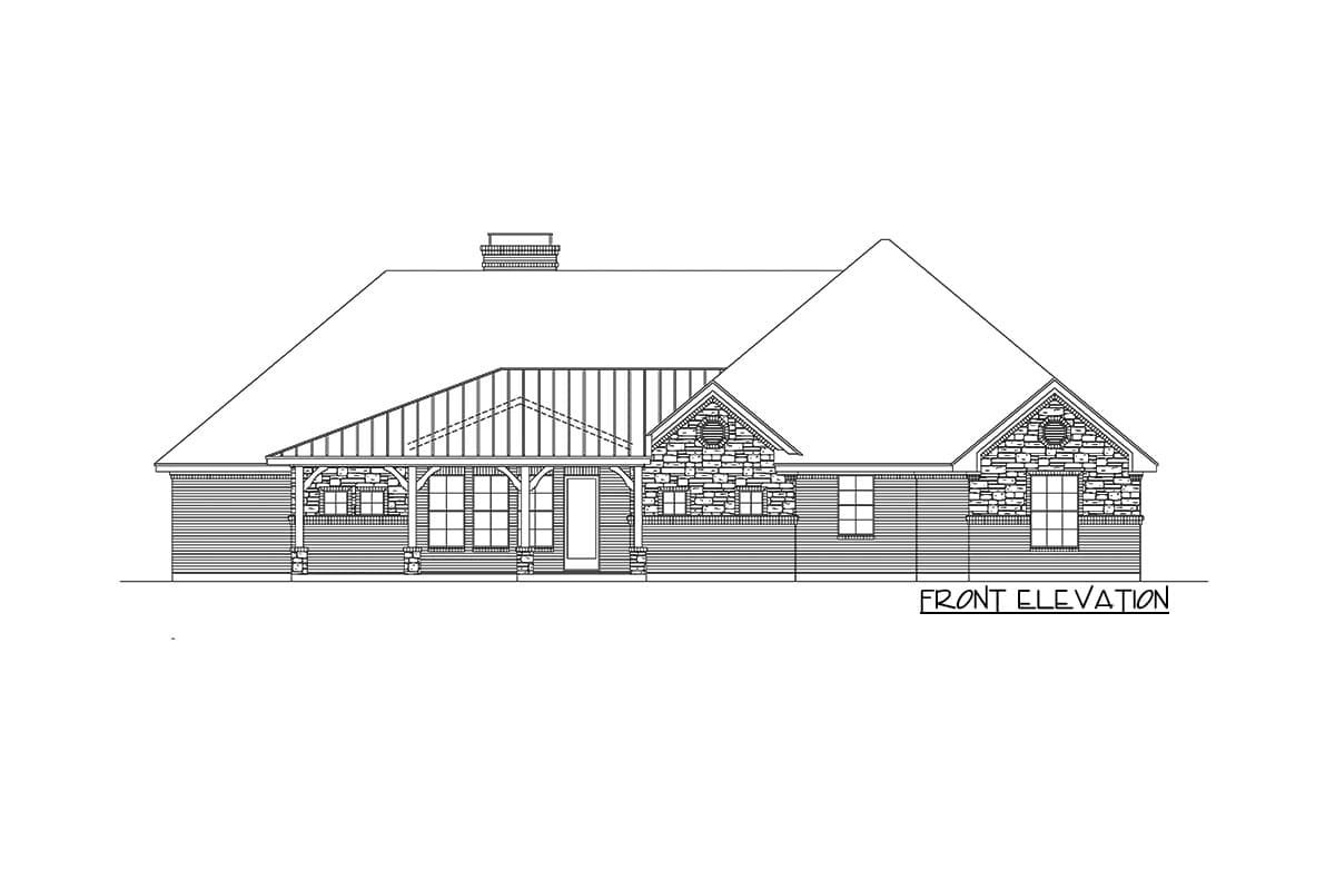 Front elevation drawing of a single-story house plan featuring a covered porch, stone accents, and a metal roof.