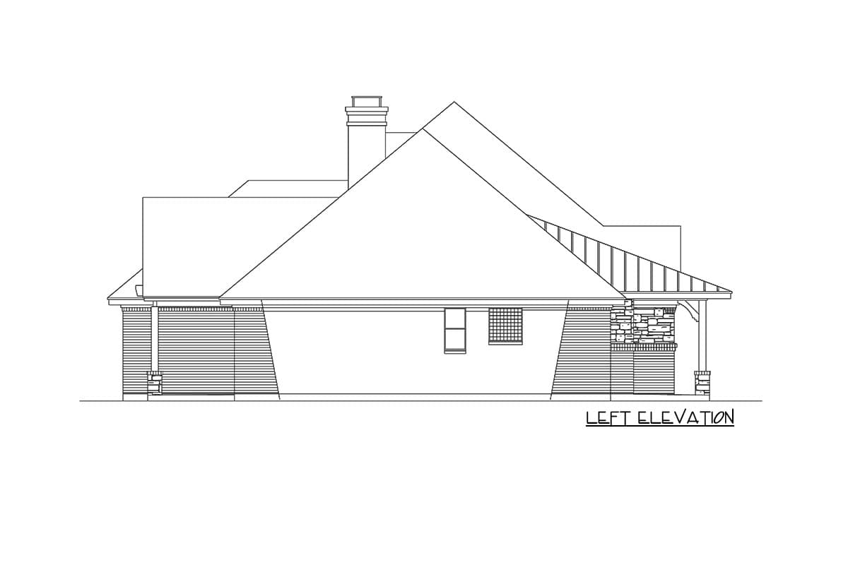 Left elevation house plan showing hip rooflines, a stone accent chimney, horizontal siding, and a covered porch with decorative columns.