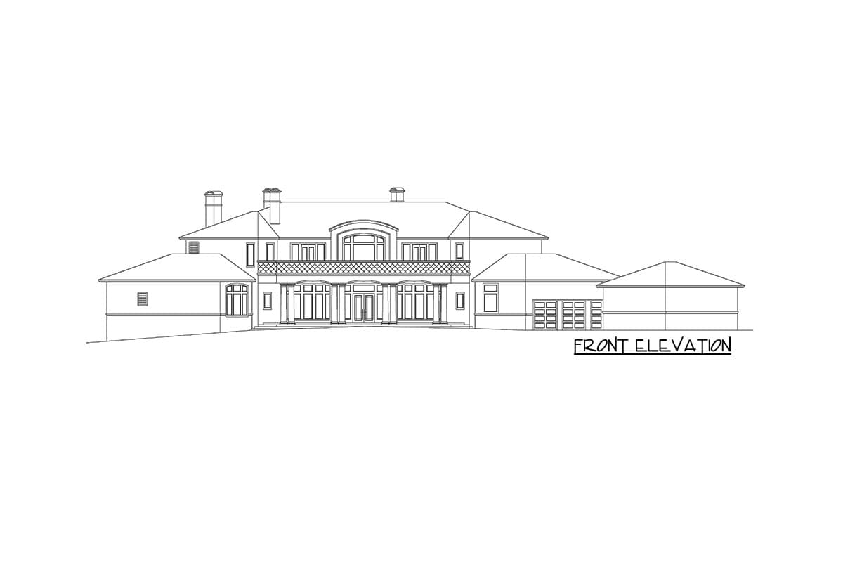 Front elevation house plan showing a multi-story residence with a covered entryway, second-story balcony, and attached multi-car garage.