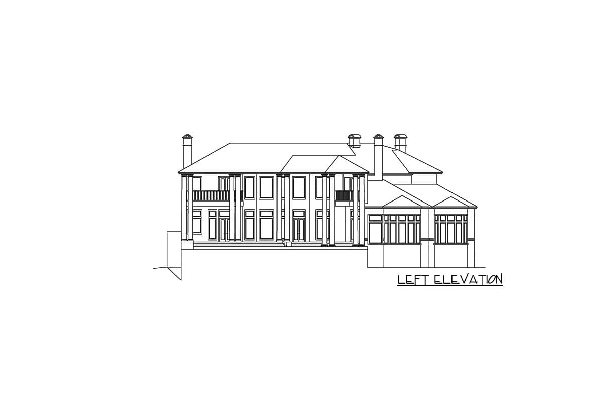 Left elevation house plan: two-story with columns, balconies, multiple gables, and bay windows.