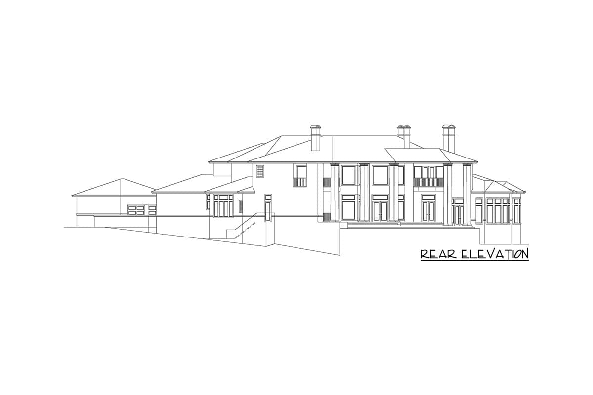 Rear elevation drawing of a large house with multiple gables, chimneys, balconies, and a sunroom.