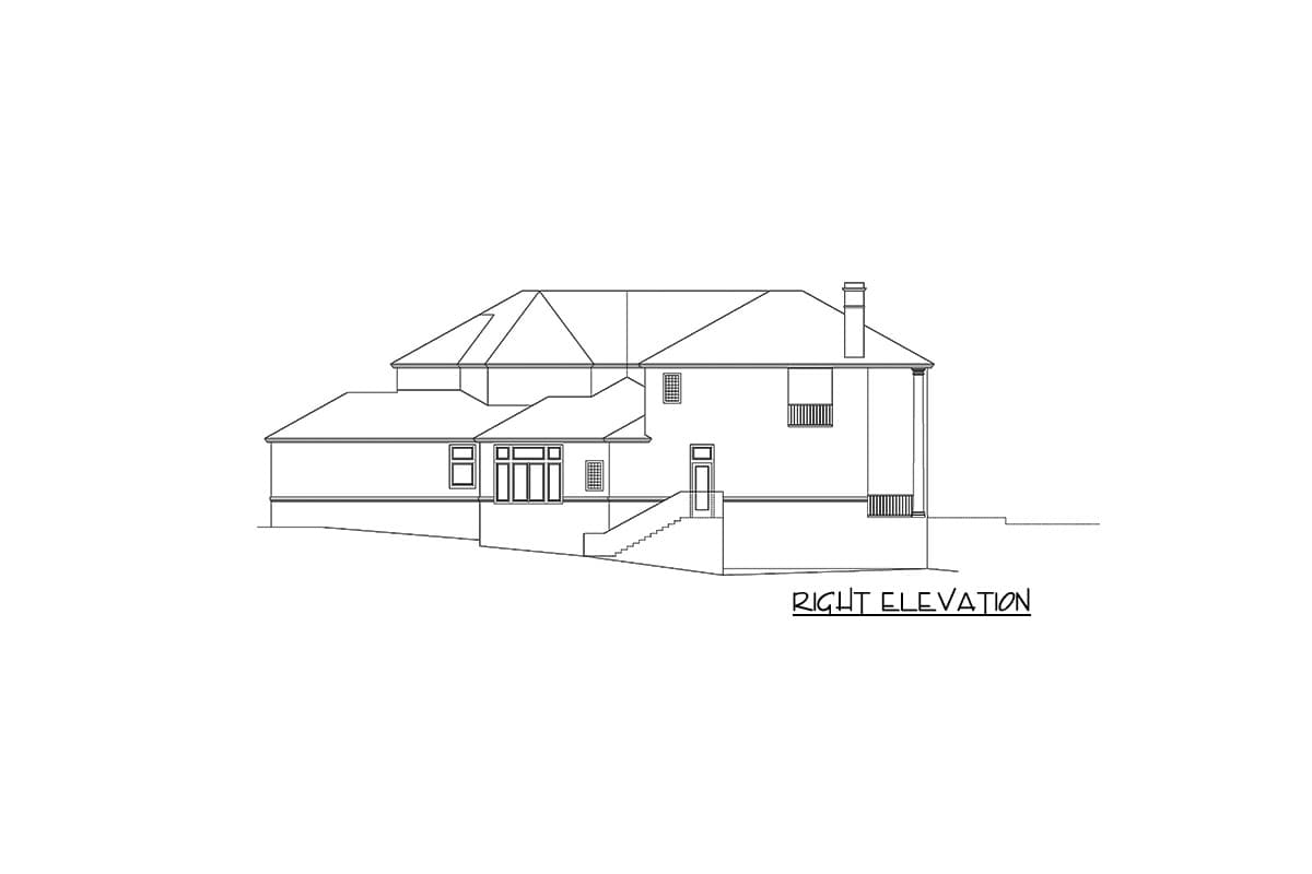 Right elevation drawing of a two-story house plan with multiple gables, a chimney, and a covered porch.