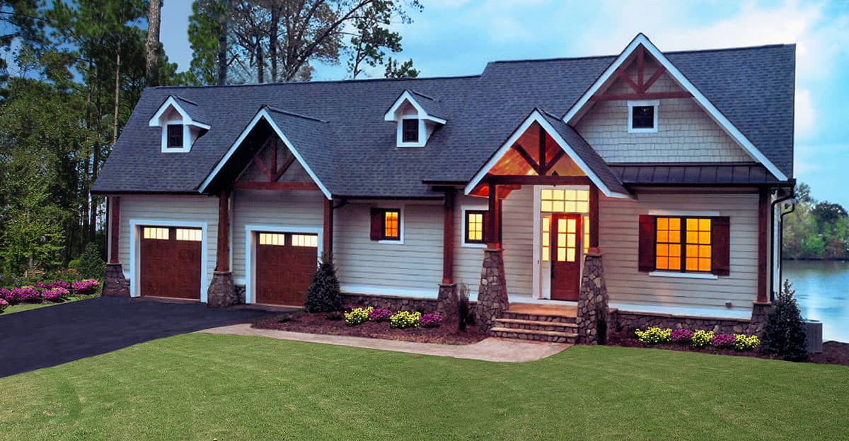House plan exterior. Craftsman style with gabled roof, dormers, and stone-clad porch supports. Two-car garage with wood doors.