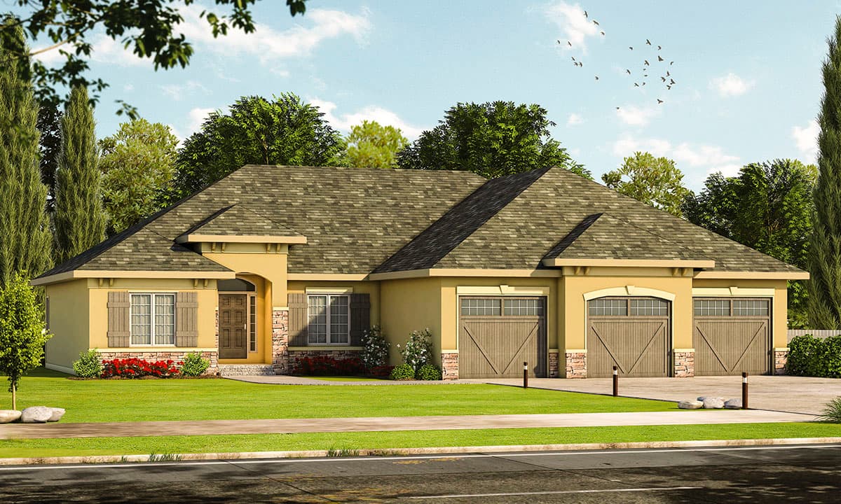 House plan exterior. Single-story home with a hip roof, arched garage doors, and shutters. Features a prominent entryway with stone accents.