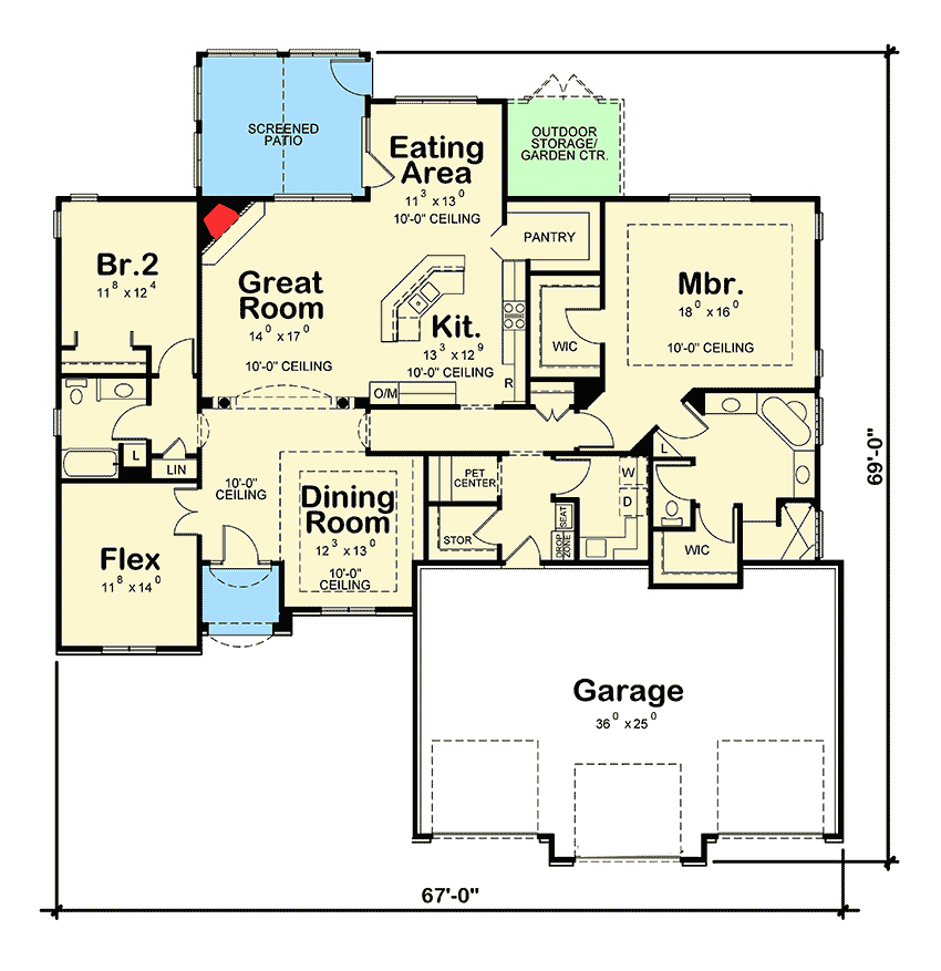Plan 42493DB: One Level European House Plan with Options - Floor Plan - Main Level - European, Ranch, Tuscan