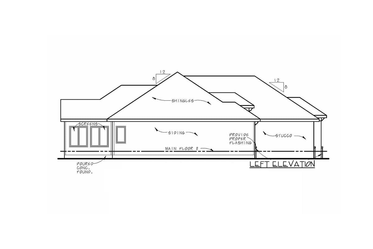 Left elevation house plan drawing showing a single-story structure with shingles, siding, stucco, screened windows, and poured concrete foundation.