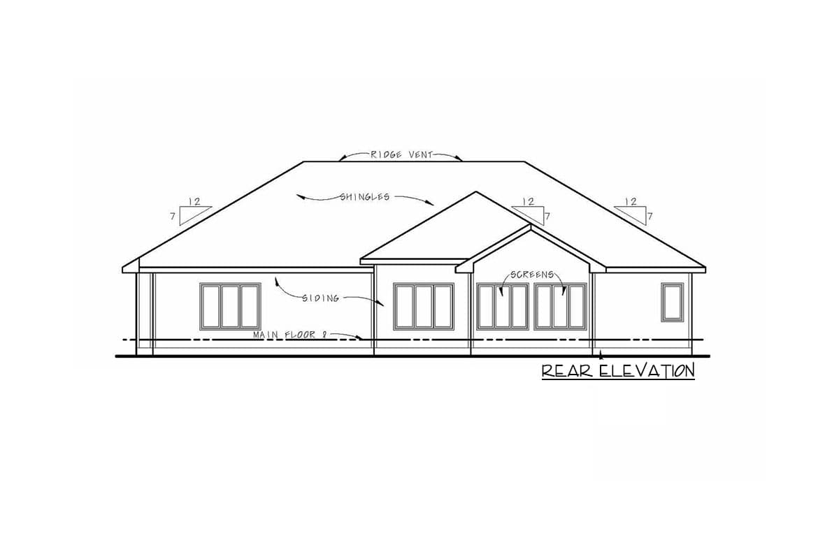 Rear elevation drawing of house plan with siding, multiple windows, and pitched roof with shingles.
