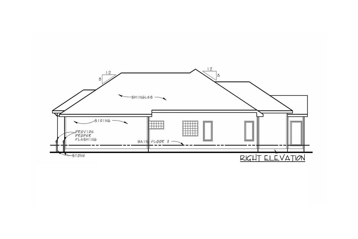 Right elevation drawing of a house plan with siding, shingles, stone base, and multiple windows.