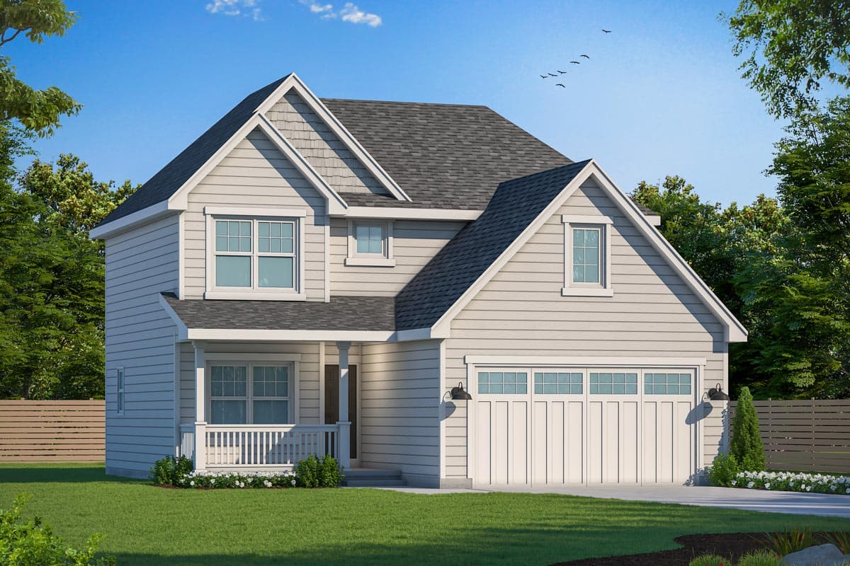 House plan exterior: Two-story Modern Farmhouse with front porch, gabled dormers, and a side-entry garage.
