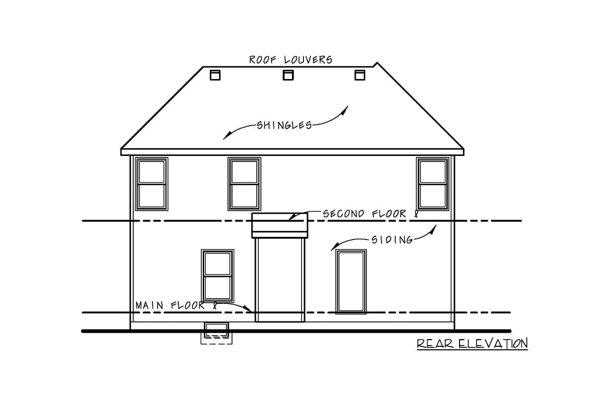 Rear elevation drawing of a two-story house plan, showing siding, windows, roof louvers, and shingles.