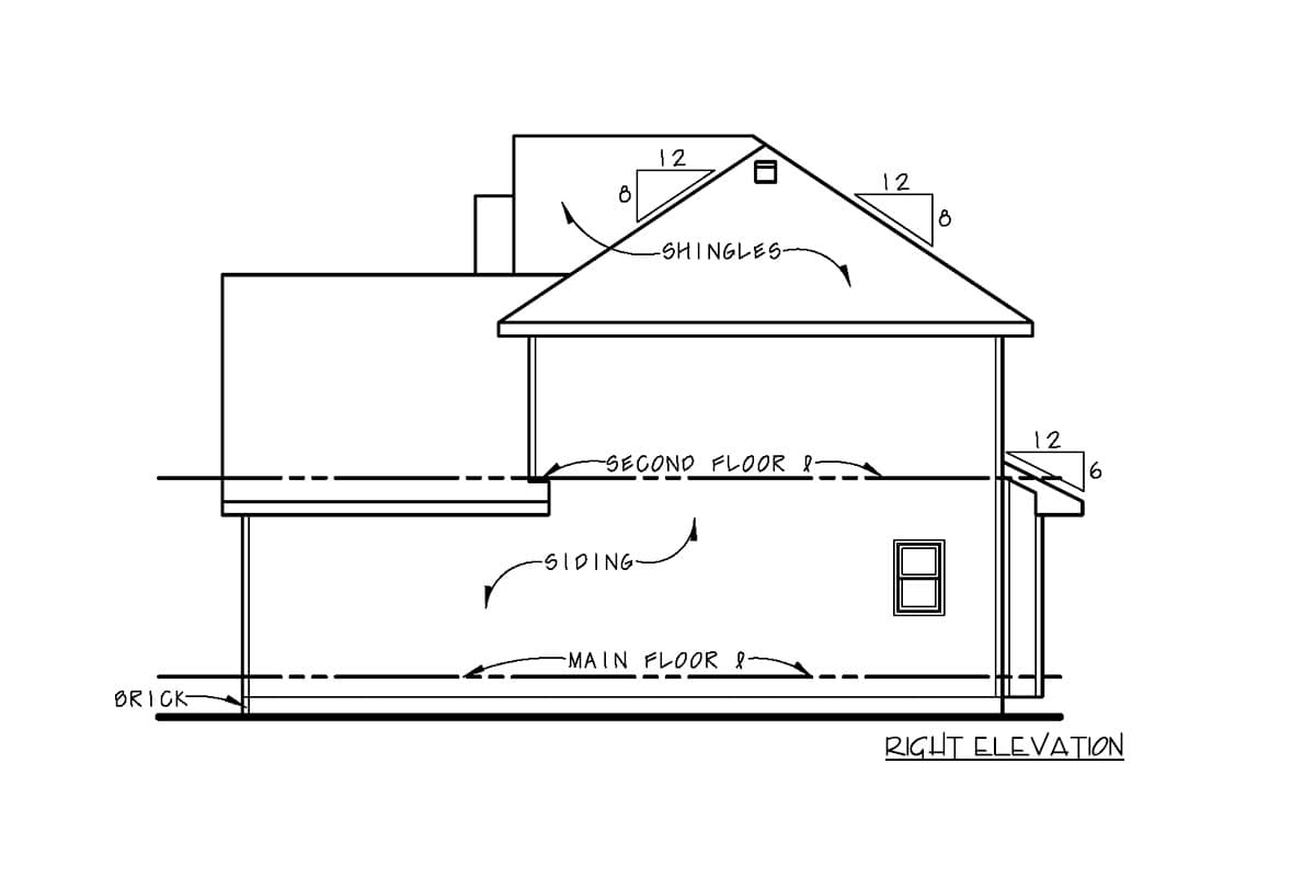 Architectural drawing of house right elevation showing brick base, siding, two stories, and shingled roof with varying pitches.