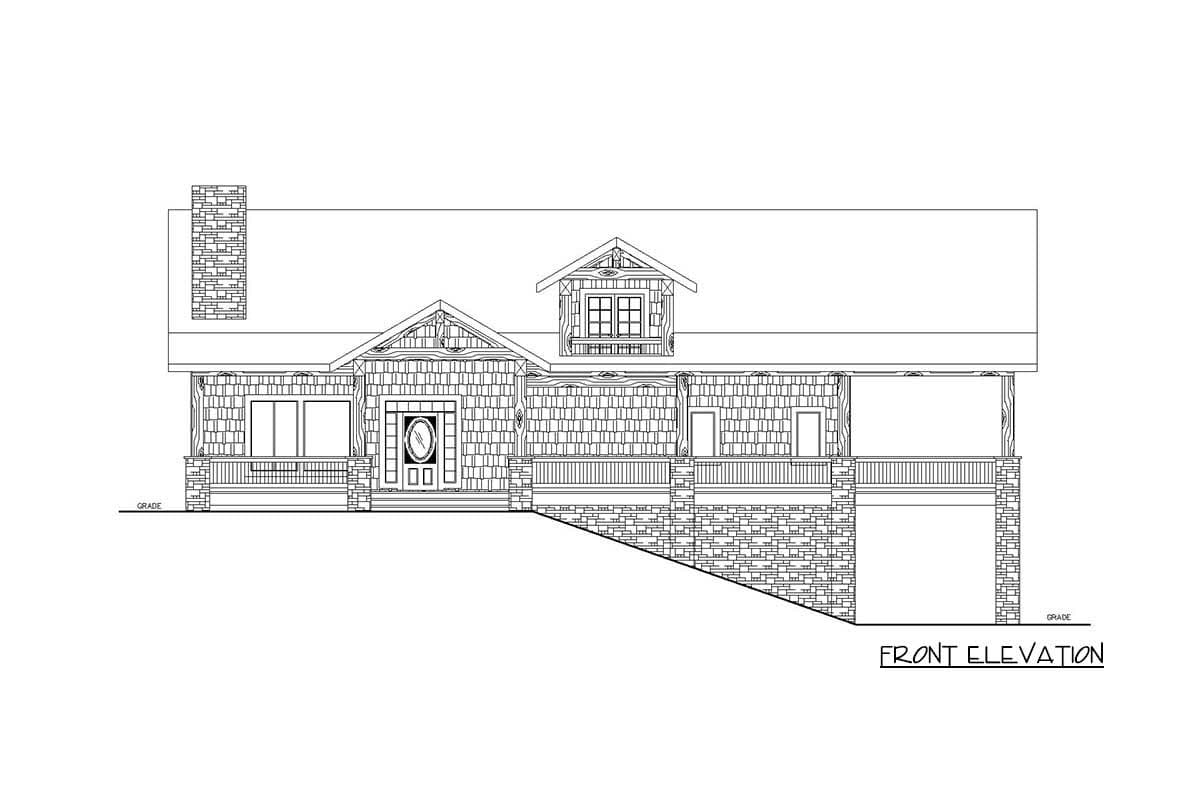 Front elevation drawing of a two-story house plan with a prominent gabled dormer, stone base, and covered front porch.