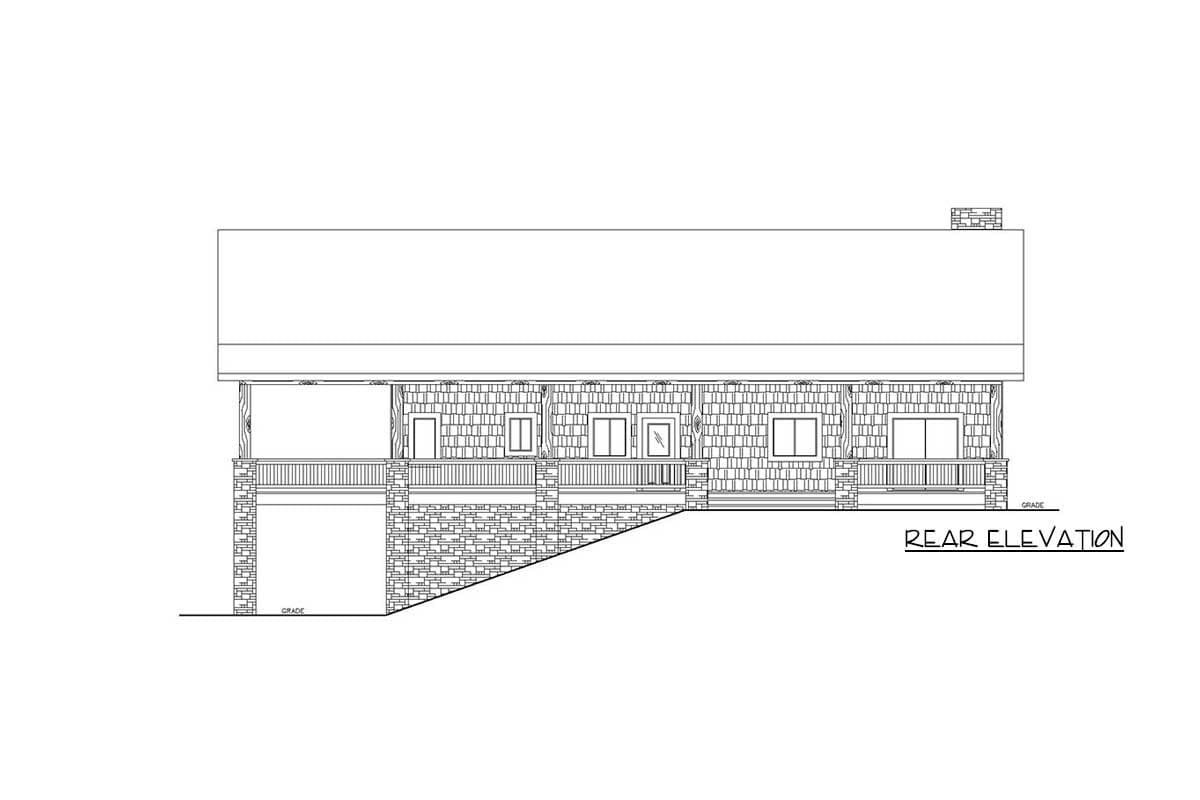 Rear elevation house plan with a full-width porch, stone foundation, and attached garage.