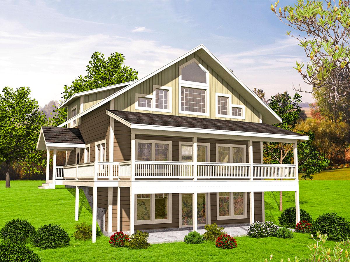 House plan exterior with two stories, gabled roof, covered porch, and a raised foundation. Features a large window grouping in the gable.