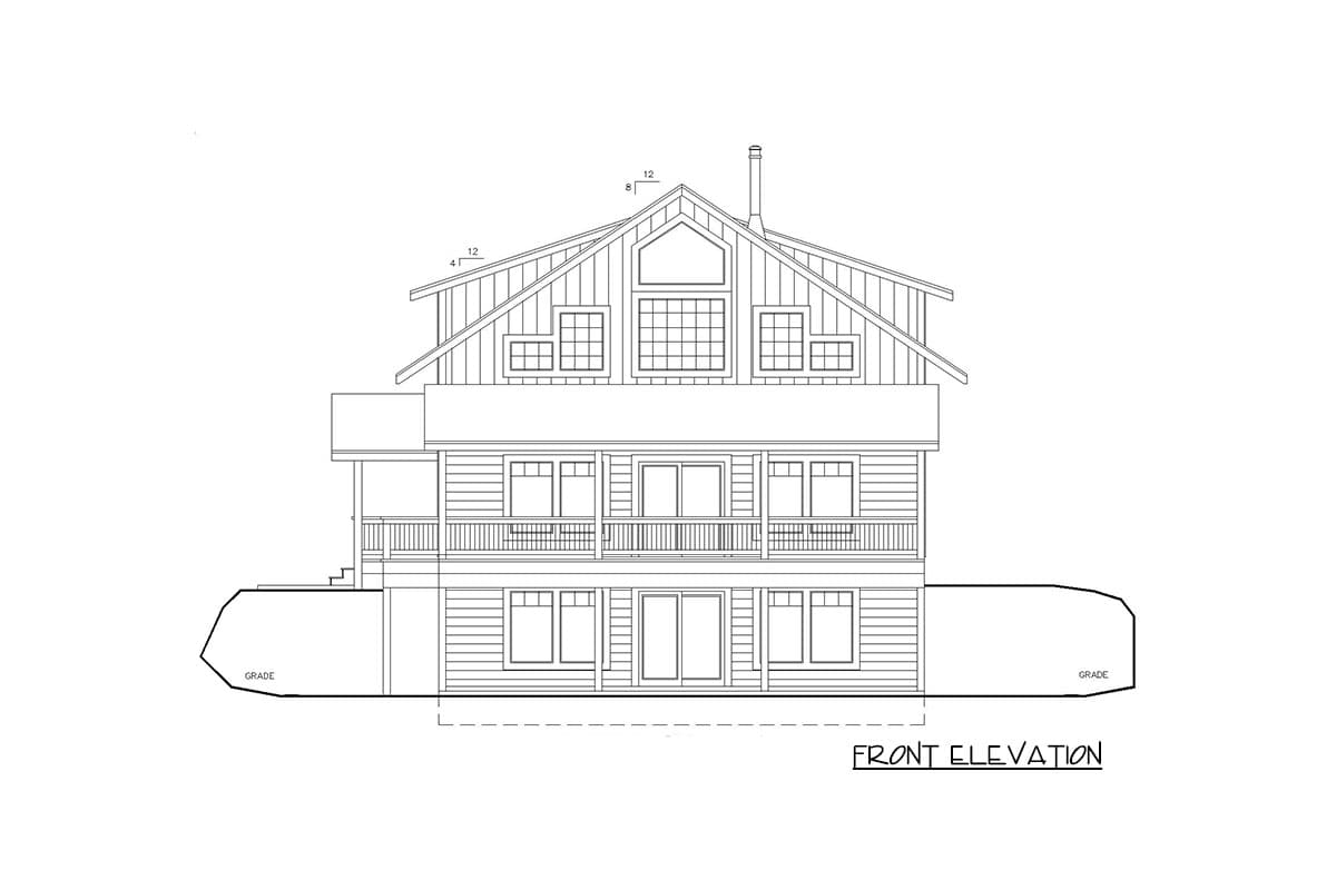 Front elevation drawing of a multi-story house with gables, dormers, and a full-width deck.