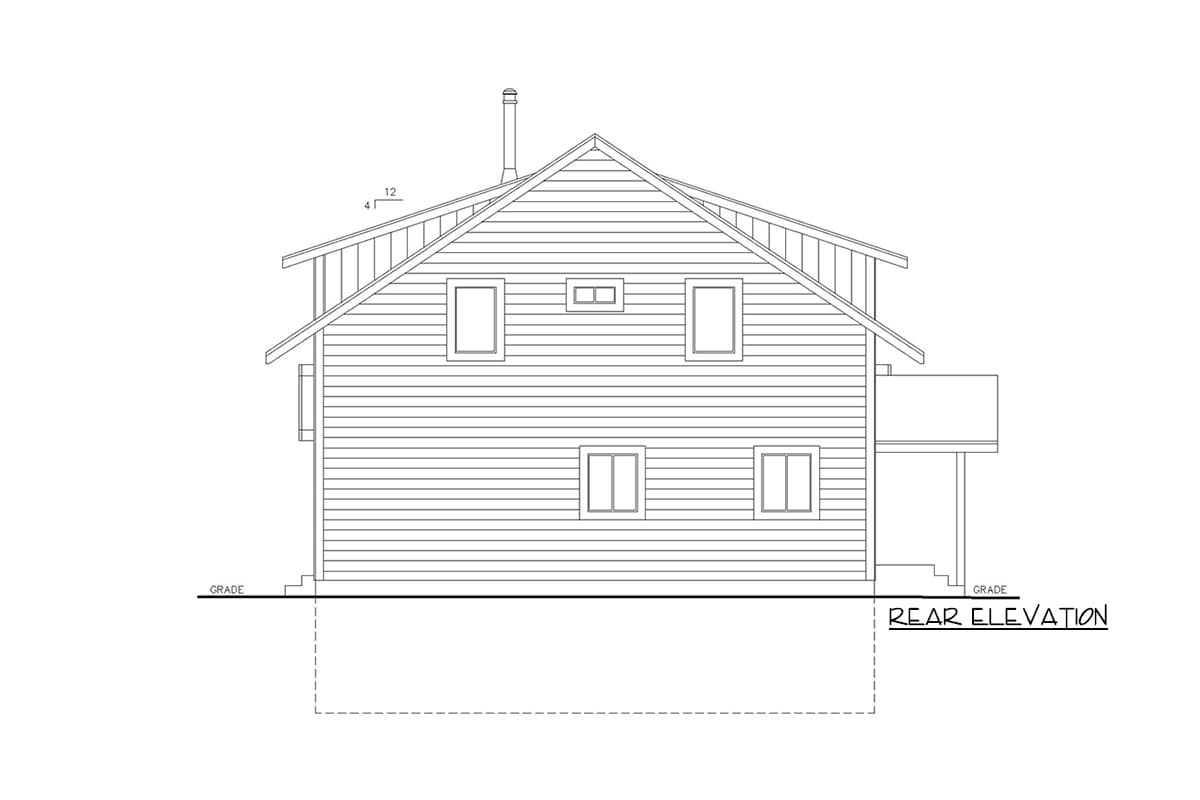Rear elevation drawing of a two-story house plan featuring a gable roof, dormer window, and attached deck.