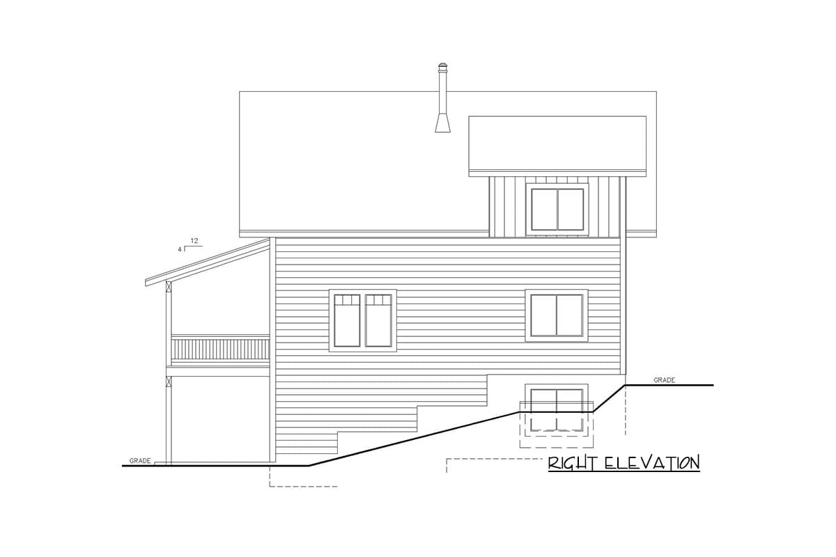 House plan right elevation drawing showing a two-story house with a covered porch, gabled roof, dormer, and sloped grade.