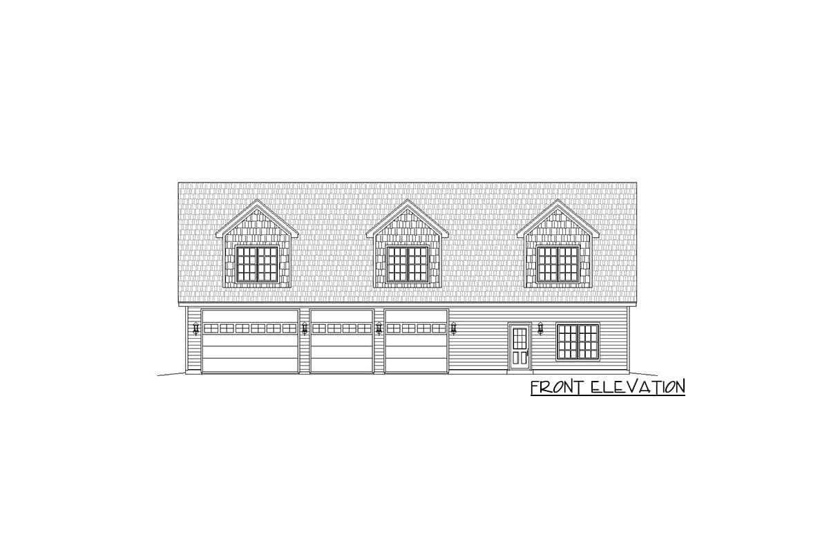 Front elevation drawing of a two-story house plan with three garage bays, three gabled dormers, and a central entry.