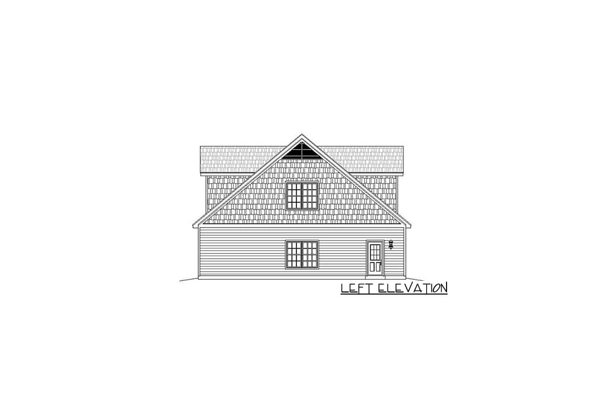 Left elevation drawing of a two-story house plan, featuring a gable, dormer, double-hung windows, and a door.