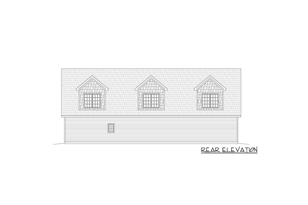 Rear elevation drawing of a house plan showing a mansard roof with three dormers and horizontal siding.