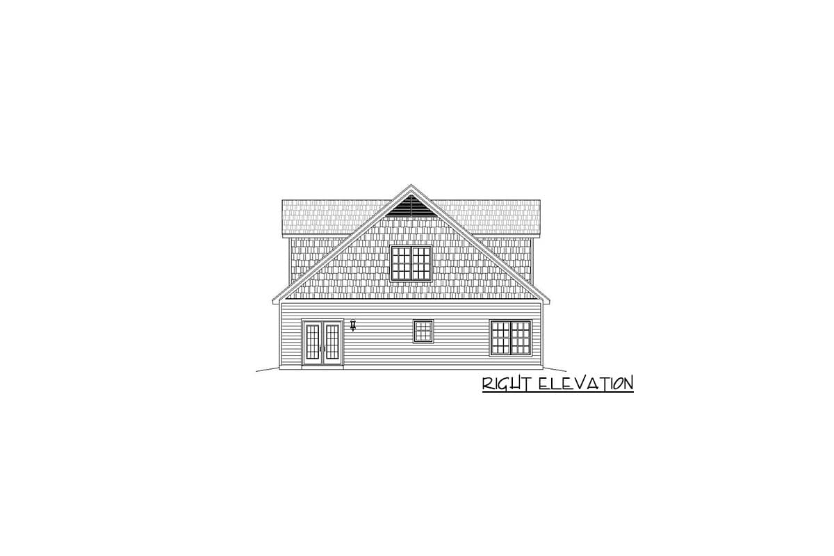 Right elevation drawing of a two-story house with double doors, a gable, and shingled siding.
