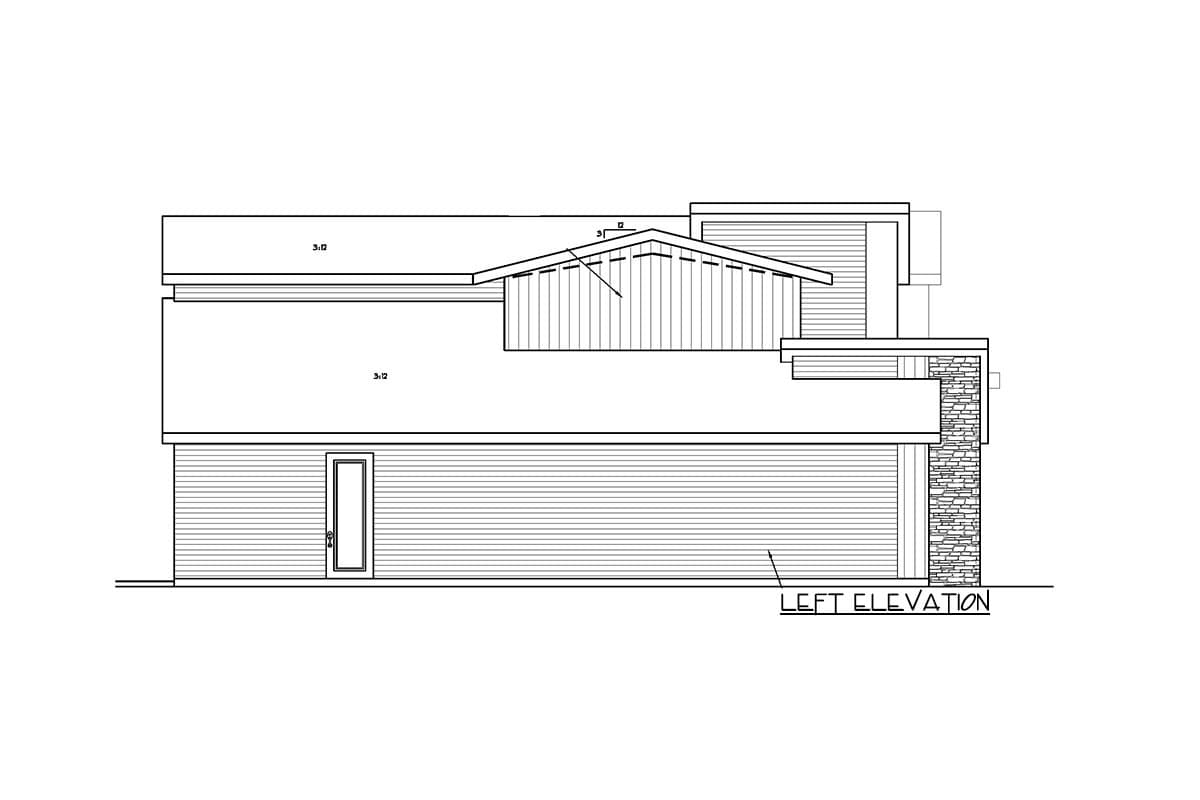 Left elevation house plan shows a two-story structure with a stepped roofline, a gable dormer, and stone accent.