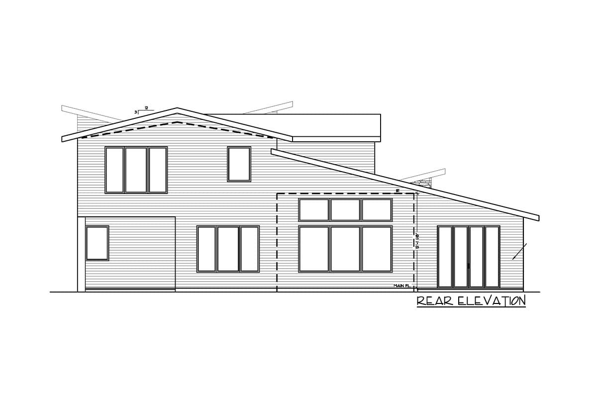 Rear elevation drawing of a two-story house with a sloped roof, multiple windows, and a glass door.