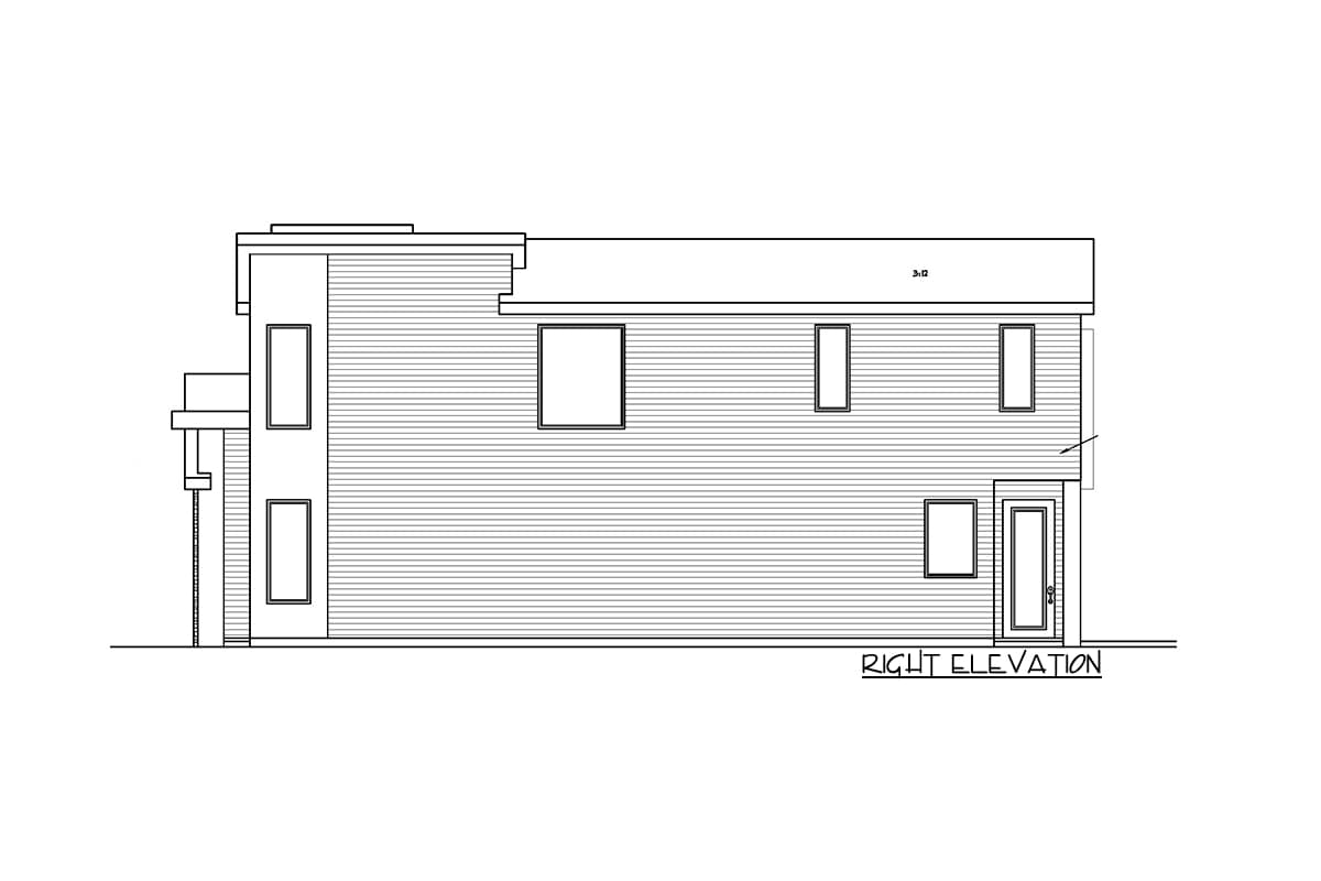 Right elevation house plan: two stories, horizontal siding, rectangular windows, and a single door entry.