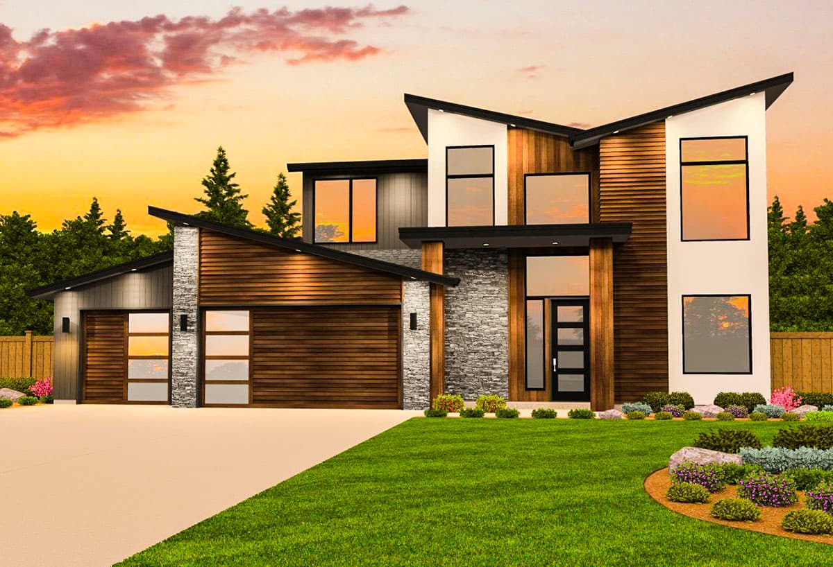 House plan exterior. Modern style, two-story home. Features include a flat roof, wood siding, stone accents, and an attached two-car garage.