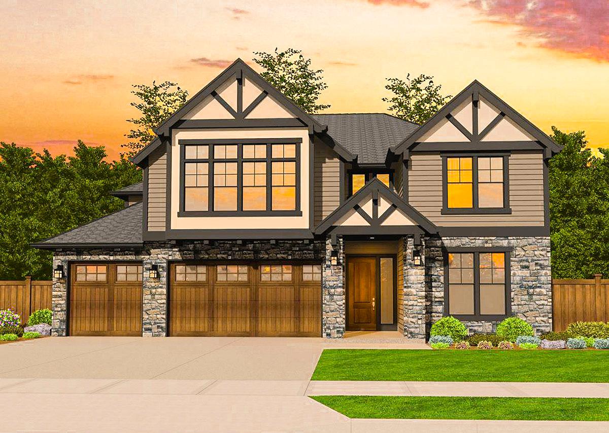 Craftsman-style house plan exterior with a two-car garage, multiple gables, and stone accents. Features a covered entry and dormer windows.
