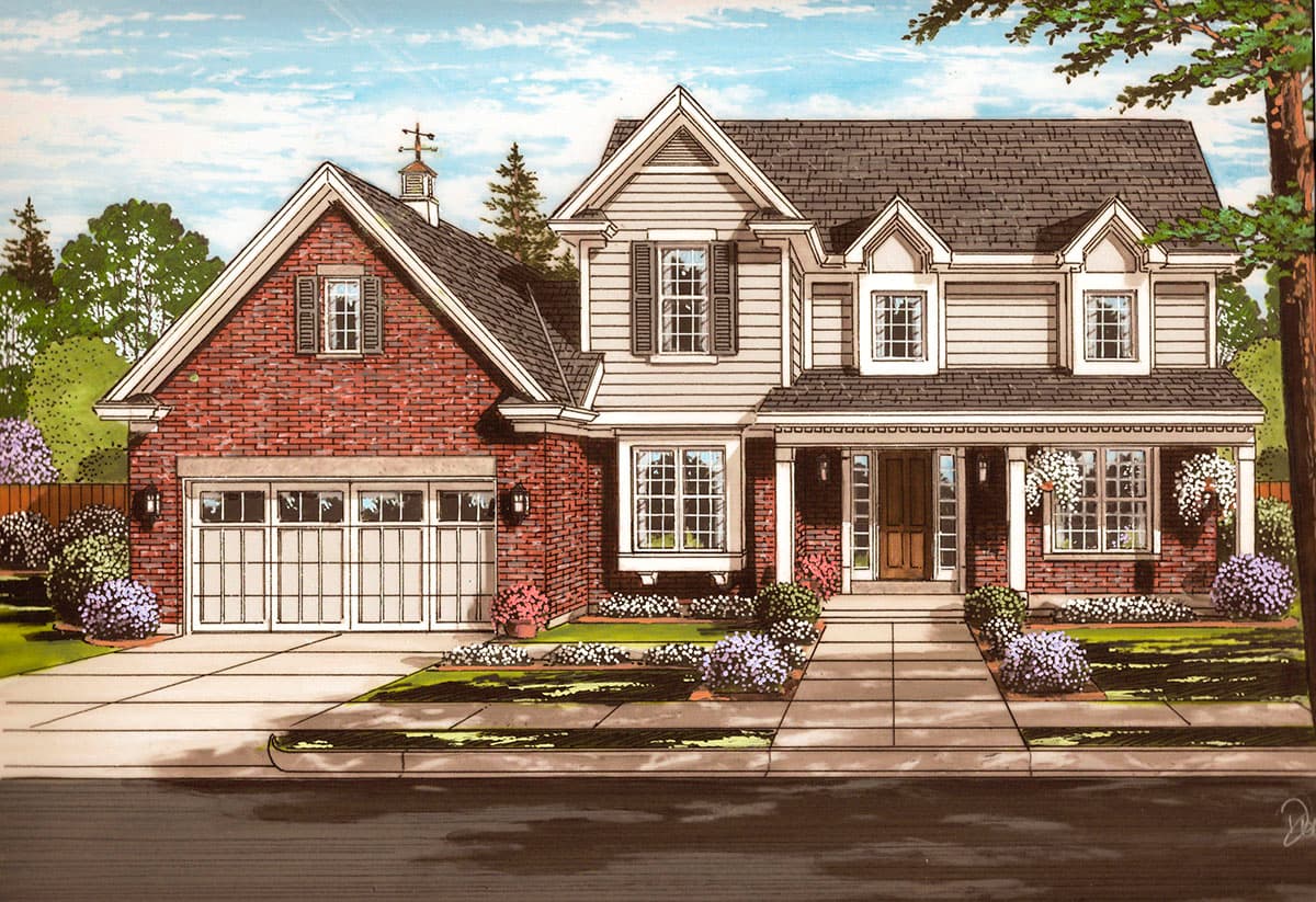 House plan exterior. Two-story Colonial-style home with a gabled roof, brick garage, front porch, and dormers.