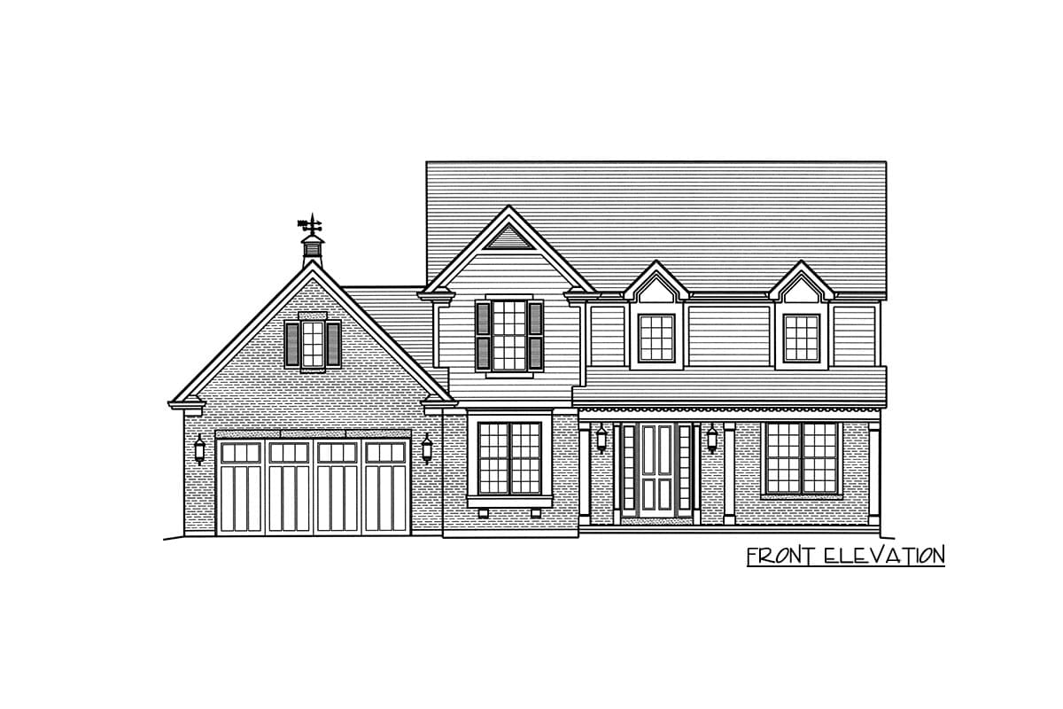 Front elevation house plan with two stories, a gabled roof, brick and siding exterior, and a four-car garage.