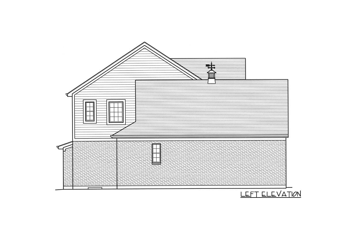 Left elevation house plan drawing showing brick and siding, gable roof, dormer windows, and a weather vane.