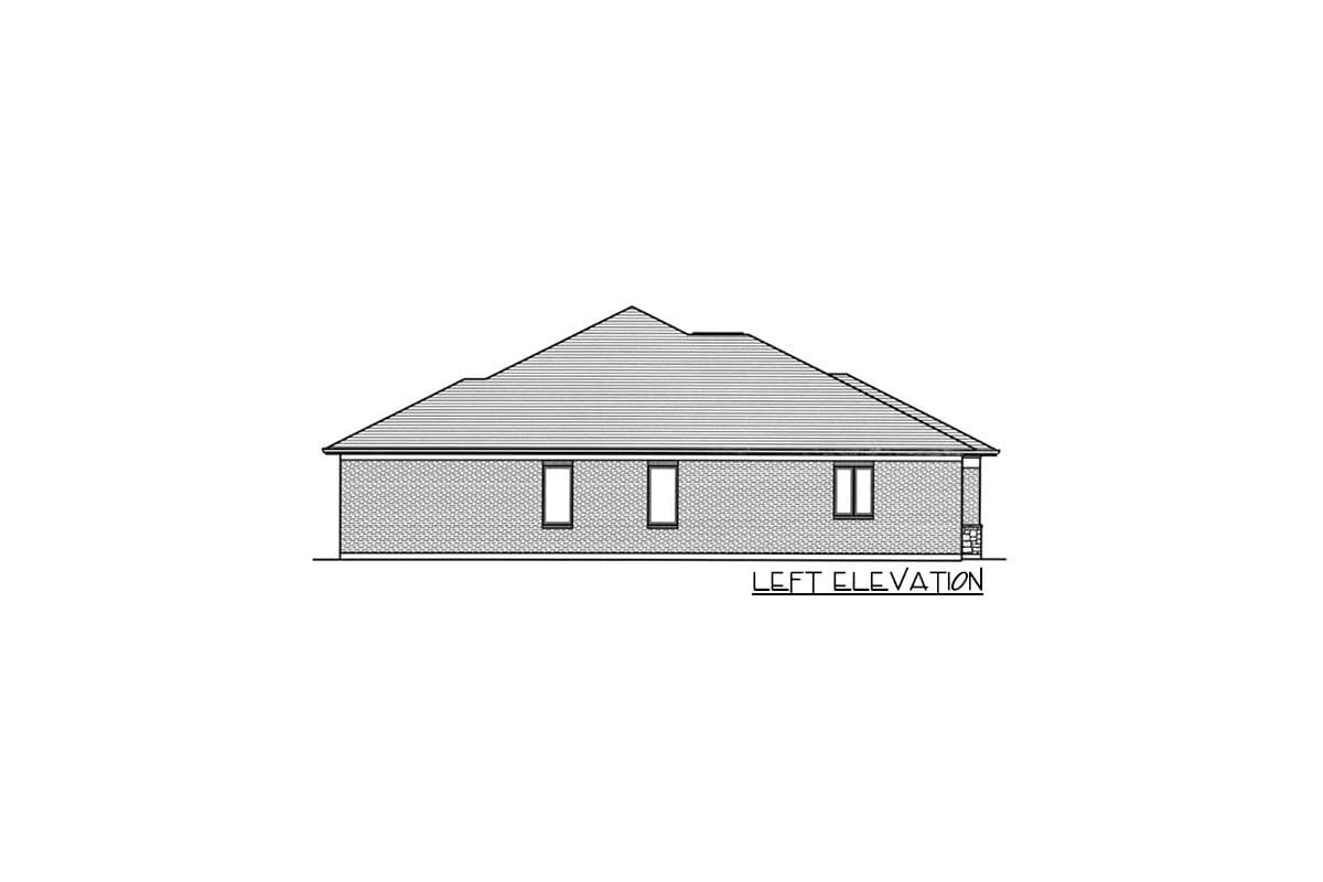 Left elevation house plan drawing showing a single-story brick house with a hip roof and four windows.