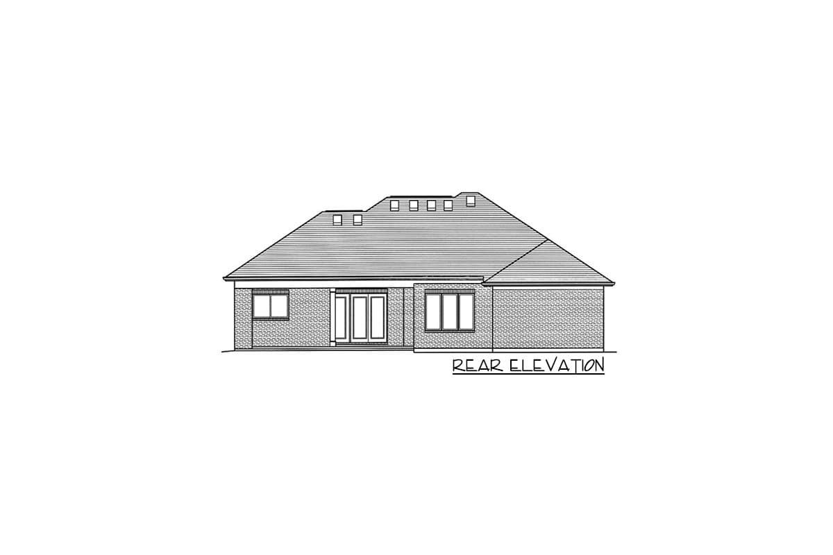 Rear elevation drawing of a one-story house with a hipped roof, brick exterior, dormers, and multiple windows.