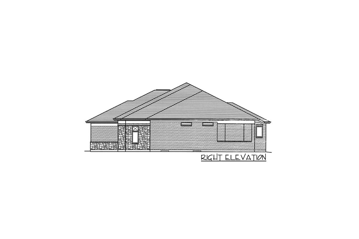 House plan right elevation showing a single-story home with brick and stone facade, hip roof, and varied window sizes.