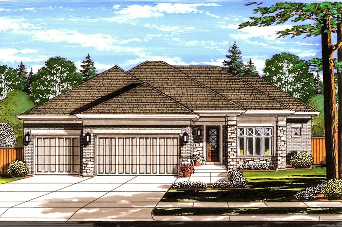 House plan exterior. Ranch-style home with three-car garage, multiple gables, and stone facade accents around entry and windows.