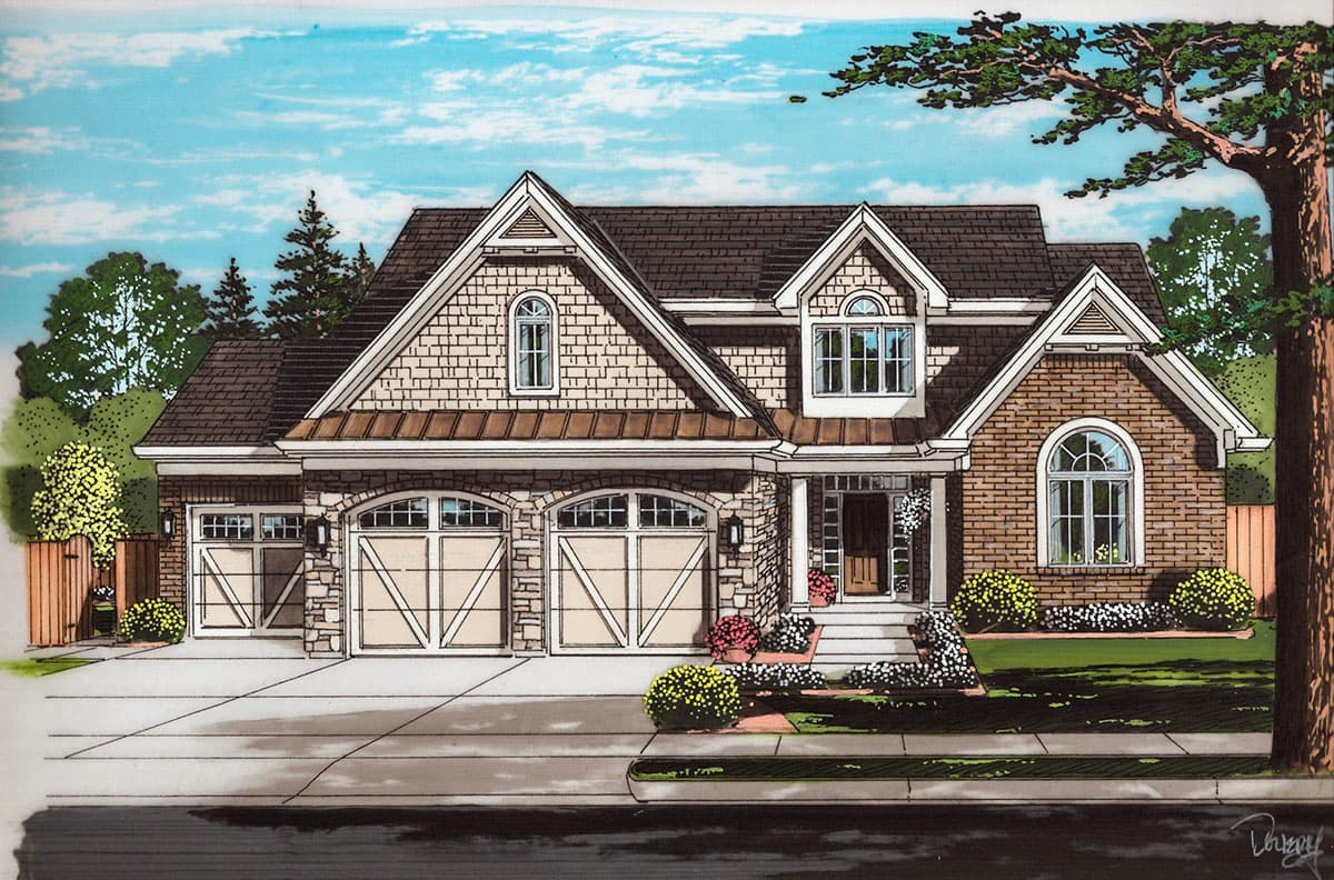 House plan exterior. Two-story, Craftsman-style home with gabled roof, arched windows, dormers, and a two-car garage.